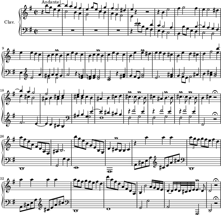 
\version "2.18.2"
\header {
  tagline = ##f
  % composer = "Domenico Scarlatti"
  % opus = "K. 402"
  % meter = "Andante"
}
%% les petites notes
trillC        = { \tag #'print { c4\prall } \tag #'midi { d16 c d c } }
trillE        = { \tag #'print { e4\prall } \tag #'midi { fis16 e fis e } }
trillCisp     = { \tag #'print { cis4.\prall } \tag #'midi { d16 cis d cis~ cis8 } }
trillBp       = { \tag #'print { b4.\prall } \tag #'midi { cis16 b cis b~ b8 } }
trillEp       = { \tag #'print { e4.\prall } \tag #'midi { fis16 e fis e~ e8 } }
trillCisq     = { \tag #'print { cis8\prall } \tag #'midi { d32 cis d cis } }
upper = \relative c'' {
  \clef treble 
  \key e \minor
  \time 2/2
  \tempo 2 = 70
  \set Staff.midiInstrument = #"harpsichord"
  \override TupletBracket.bracket-visibility = ##f
    r4^\markup{Andante} b'8 g e4 << { b'4~ | b a g fis | e4 g8 e c4 g' | fis e2 dis4 | e4 } \\ { d4 | c2 b4 a | g2 c4 b | a g fis2 | e4 } >> r4 r2 |
    % ms. 6
    r4 b'4 e2 | fis4 g2 fis4 | e4 e2 dis4 | e e d c | \repeat unfold 2 { b4 c \trillC b4 | 
    % ms. 11
    c4 e d c } | b4 e \trillE dis4 | e e d cis | 
    % ms. 16
    b4 e d cis | d fis2 << { b4~ | b a g2 | fis cis4 d | e d } \\ { e4 | d cis b2 | ais4 b ais b | cis b cis b } >>
    % ms. 21
    ais4 b cis d | \trillCisp cis8 \trillBp b8 | cis4 ais \trillBp b8 | \trillCisp cis8 \trillBp b8 | b4 cis r2\fermata
    % ms. 26
    a'8 fis d a  fis d a fis | ais4 b2.| b''8 g e b  g e b g | d'4 \trillCisq b8 b4 cis | 
    % ms. 30
    r4 a''4 a a | \times 2/3 { a8 g fis } \omit TupletNumber \times 2/3 { g8[ fis e] } fis4 d | a' a a a | \times 2/3 { a8 g fis } \times 2/3 { g8[ fis e] } fis4 d | d'8 a fis d  a fis d a | b4 b'2 a16 g fis e | d4~ d16 e d32 cis d e \trillEp d8 | d2 r2\fermata |
}
lower = \relative c' {
  \clef bass
  \key e \minor
  \time 2/2
  \set Staff.midiInstrument = #"harpsichord"
    % **************************************
     R1*4 | r4 << { e2 d4 | c b2 a4 | s2. b4~ | b a g fis } \\ { e'8 b g4 fis | e d c2 | b4 b'8 g e4 d | c2 b } >> | e4   \clef treble  e'2 a4 << { gis4 a a gis } \\ { e2 e } >>
     % ms. 11
     a2 r4 < e g! >4 | < d f > < e g > < d f >2 | < c e > r4 < fis! a >4 | g4 fis8 e < fis a >2 | e2. < fis ais >4 |
     % ms. 16
     g4 << { b2 ais4 } \\ { fis8 e fis2 } >> b4 < a cis > < g b >2 | fis2. e4~ | e d cis b | 
     % ms. 20
     \clef bass << { ais4 b g e'~ | e dis cis b \repeat unfold 3 { r4 fis'2 e4 } } \\ { s2 g,2 | fis1 | \repeat unfold 3 { fis2 g } } >>  fis,2 r2\fermata
     % ms. 26
     d1 | g2 g'4 fis | e,1 | a, | \repeat unfold 2 { a'8 cis e a  \clef treble cis e a cis \clef bass d,,,1 } | 
     % ms. 34
     fis1 | g2 g' | a, a, | d r2\fermata
}
thePianoStaff = \new PianoStaff <<
    \set PianoStaff.instrumentName = #"Clav."
    \new Staff = "upper" \upper
    \new Staff = "lower" \lower
  >>
\score {
  \keepWithTag #'print \thePianoStaff
  \layout {
      #(layout-set-staff-size 17)
    \context {
      \Score
     \override SpacingSpanner.common-shortest-duration = #(ly:make-moment 1/2)
      \remove "Metronome_mark_engraver"
    }
  }
}
\score {
  \keepWithTag #'midi \thePianoStaff
  \midi { }
}
