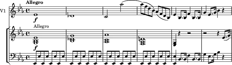 
\new GrandStaff <<
    \new StaffGroup <<
      \new Staff {
        \version "2.18.2"
         \tempo  "Allegro"
        \clef treble
        \key ees \major
       \time 4/4
       \tempo 4 = 120
     \relative c'' {
                < g, bes ees>1 \f ^ \markup {Allegro}
                <bes des g>
                <aes c aes'>
                <f aes d!>
                <g ees>4 r r2 r2 r4 ees'8. (g16)
            }
      }
      \new Staff {
                 \clef bass 
                  \key ees \major
                  \time 4/4
      \relative c'' {
            {ees,,,8 ees'}  \repeat unfold 15   {ees,8 ees'}
            <ees, ees'>4 bes'8. bes16 f'4 bes,8. bes16
            g'4 ees8. g16 bes4 r
             }
      }
   >>
  \new Staff { \set Staff.instrumentName = "V1"
           \relative c'' {
              \key ees \major
              \time 4/4
            ees,1  \f  des c2 aes''
            (aes8) (f d bes) aes (f  d bes)
            ees4 bes8. bes16 f'4 bes,8. bes16
            g'4 ees8. g16 bes4 r
             }
        }
  >>
