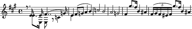 
\header {
  tagline = ##f
}
\score {
  \new Staff \with {
  }
<<
  \relative c' {
    \key a \major
    \time 4/4
    \tempo 4 = 100
    %\override TupletBracket #'bracket-visibility = ##f
    \set Staff.midiInstrument = #"string ensemble 1" 
    \set Score.currentBarNumber = #49
    %\autoBeamOff
     %%%%%%%%%%%%%%%%%%%%%%%%%% S6 - thème 1
     \partial 2...
     << { r8. e16 s8 e16 fis4..( g!16) e4 fis8( g! a4 b) c!2 b a g! fis4 gis'8.[ fis16] b,4 ais \tempo 4 = 85 \times 2/5 { fis16([ gis fis eis fis]) } gis'8.[ fis16] \tempo 4 = 100 b,4 ais } \\ { s8. e8.[ e,16] e8 r8 c'!4 e4 } >>
  }
>>
  \layout {
     \context { \Score \remove "Metronome_mark_engraver" 
     \override SpacingSpanner.common-shortest-duration = #(ly:make-moment 1/2) }
  }
  \midi {}
}
