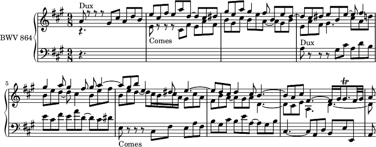 
\version "2.18.2"
\header {
  tagline = ##f
}
Trillgishp   = { \tag #'print { gis8.\trill } \tag #'midi { \times 2/3 { a32 gis a } gis16~ gis16 }  }
Dux   = { s4*0^\markup{Dux} a8 r8 r8 r8 gis8 cis a d b e cis fis e a d,~ d cis dis }
Comes = { s4*0_\markup{Comes} e,8 r8 r8 r8 cis fis e a fis b gis cis b e a,~ a gis b }
upper = \relative c'' {
  \clef treble 
  \key a \major
  \time 9/8
  \tempo 4 = 66
  \set Staff.midiInstrument = #"harpsichord" 
   %% FUGUE CBT I-19, BWV 864, la majeur
   << { \Dux gis8 e a gis4 fis8 b, e d~ d cis dis e b e~ e fis4 gis a8 gis4 fis8 gis a4~ a8 gis b e,4 dis8 e4.~ e8 d cis d4 cis8 b4.~ b8 a cis fis,4.~ fis16 gis \Trillgishp fis32 gis | a8 } \\ { r4.*3 \transpose e e'' { \relative \Comes } e8 a fis gis4. cis8 a d b e d~ d cis4 b8 e fis b, e d~ d cis16 b cis a gis8 cis a fis b a~ a gis a d,4.~ d8 cis e a,4. d~ d8 } >> 
}
lower = \relative c' {
  \clef bass 
  \key a \major
  \time 9/8
  \set Staff.midiInstrument = #"harpsichord" 
   r4.*3*3 \Dux \Comes cis,4.~ cis8 a d b e e, a 
} 
 thePianoStaff = \new PianoStaff <<
    \set PianoStaff.instrumentName = #"BWV 864"
    \new Staff = "upper" \upper
    \new Staff = "lower" \lower
  >>
\score {
  \keepWithTag #'print \thePianoStaff
  \layout {
    \context {
      \Score
      \remove "Metronome_mark_engraver"
    }
  }
}
\score {
  \keepWithTag #'midi \thePianoStaff
  \midi { }
}
