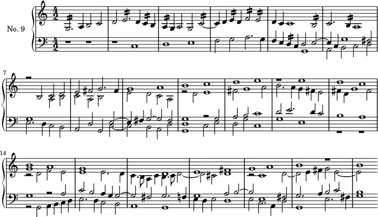 
\version "2.14.2"
\header {
  tagline = ##f
}
Morg   = { \tag #'print { g2.:16 } \tag #'midi { gis16 a gis8~ gis2 } }
More   = { \tag #'print { e2.:16 } \tag #'midi { e16 d e8~ e2 } }
MorcB   = { \tag #'print { c2:16~ } \tag #'midi { c16 b c8~ c4~ } }
MorfB   = { \tag #'print { f2:16 } \tag #'midi { f16 e f8~ f4 } }
MoreB   = { \tag #'print { e2:16 } \tag #'midi { e16 d e8~ e4 } }
MorbB   = { \tag #'print { b2:16 } \tag #'midi { b16 a b8~ b4 } }
Morcq   = { \tag #'print { c4:16 } \tag #'midi { c32 b c16~ c8 } }
Mordq   = { \tag #'print { d4:16 } \tag #'midi { d32 c d16~ d8 } }
Moreq   = { \tag #'print { e4:16 } \tag #'midi { e32 d e16~ e8 } }
Moraq   = { \tag #'print { a4:16 } \tag #'midi { a32 g a16~ a8 } }
Morbq   = { \tag #'print { b4:16 } \tag #'midi { b32 a b16~ b8 } }
upper = \relative c' {
  \clef treble 
  \key a \minor
  \time 4/2
  \autoBeamOff
  \tempo 2 = 82
  \set Staff.midiInstrument = #"church organ"
    \Morg a4 b2 c | d \More d4 \Morcq b4 | \Moraq g4 a2 g \MorcB | c4 d \Moreq d4 \MorfB \MoreB |
    d4 c c1 \MorbB | c2. \Morbq a1 |  
    << { r2 b2 c d | e fis g2. fis4 } \\ { s1 a,2 b | c a b } >>
    << { g'1 a b c d e } \\ { e,2 d c a r2 d2 e1 fis2 g1 a2 } >>
    % ms 12
    << { r1  e'1 d c < b g >1 a g } \\ { b2. a4 g fis e2 fis4 d g1 fis2 r2 d2 f e e1 e2. d4 } >>
    << { s1 d1 e fis g a b r1 b } \\ { c,4. b8 a4 c b4. c8 d2~ d cis d1 r2 c1 d2~ d e4 fis g2 e~ e } >>
}
lower = \relative c {
  \clef bass
  \key a \minor
  \time 4/2
  \set Staff.midiInstrument = #"church organ"
    r1 r1 | r1 c1 | d e | f2 g a2. g4 |
    << { f4 e \Mordq c4 d2 e~ | e4 c g'1 fis2 } \\ { s1 g, | a2 b c d } >> 
    << { g1 } \\ { e2. d4 c2 b } >> 
    << { a2 d g, e'2~ } \\ { s2*3 c2~ } >> 
    << { e4 fis g2~ g fis } \\ { c2 b a d } >>
    << { s1 r2 g2 a b c1 } \\ { < g d g, >1  c,2 e d g c,1} >>
    << { d'2 e2. d4 c2 b1 a } \\ { g1 e r1 r1 } >>
    % ms 14
    << { g1 r2 a2 } \\ { r2 g,2 a4 b c d } >>
    << { c'2 b a4 g g2~ g fis g2. f4 } \\ { e2. d4 c2 b a1 g } >>
    % ms 17
    << { g'1 a2 b~ b e,1 fis2 g2. a4 b2 c b1 } \\ { e,4 d e2 d1 e2 c2. a4 d2 g,1 e'2. fis4 g1 } >>
}
thePianoStaff = \new PianoStaff <<
    \set PianoStaff.instrumentName = #"No. 9"
    \new Staff = "upper" \upper
    \new Staff = "lower" \lower
  >>
\score {
  \keepWithTag #'print \thePianoStaff
  \layout {
    \context {
      \Score
      \remove "Metronome_mark_engraver"
      \override SpacingSpanner.common-shortest-duration = #(ly:make-moment 1/2) 
    }
  }
}
\score {
  \keepWithTag #'midi \thePianoStaff
  \midi { }
}
