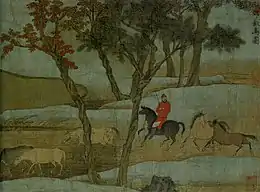 Représentation d'un homme à cheval rassemblant d'autres chevaux.