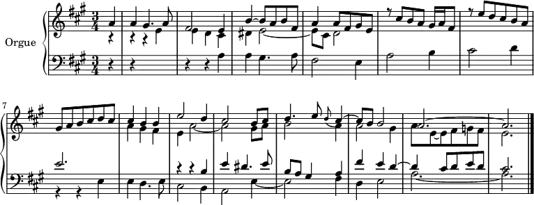 
\version "2.18.2"
\header {
  tagline = ##f
}
upper = \relative c'' {
    \clef treble 
    \key a \major
    \time 3/4
    \tempo 4 = 72 
   %% PRÉLUDE en la majeur
   << { \partial 4 a4 a gis4. a8 fis2 e4 | b'4~ b8 a b fis | a4 a8 fis gis e | r8 cis'8 b a gis16 a fis8 | r8 e'8 d cis b a gis a b cis d cis } \\ { r4 r4 r 4 e,4 | e d cis dis e2~ | e8 cis d2 } >>
   << { cis'4 b b e2 d4 cis2 b8 cis | d4. e8 \grace d8_( cis4~) | cis8 b b2 a2.~ a } \\ { a4 gis fis e a2~ a gis8 a b2 a4 a2 gis4 a8 e~ e fis g fis e2. \bar "|." } >>
}
lower = \relative c' {
    \clef bass 
    \key a \major
    \time 3/4
     r4 r4*3 r4 r4 a4 a gis4. a8 fis2 e4 a2 b4 cis2 d4 
    %% ms. 7
    << { e2. | s2. | r4 r4 b4 e dis4. e8 b a gis4 a fis' e d~ | d cis8 d e d cis2. } \\ { r4 r4 e,4 e d4. e8 cis2 b4 a2 e'4~ | e2 fis4 d e2 a2.~ a } >>
} 
\score {
  \new PianoStaff <<
    \set PianoStaff.instrumentName = #"Orgue"
    \new Staff = "upper" \upper
    \new Staff = "lower" \lower
  >>
  \layout {
    \context {
      \Score
      \remove "Metronome_mark_engraver"
      \override SpacingSpanner.common-shortest-duration = #(ly:make-moment 1/2)
    }
  }
  \midi {  \set Staff.midiInstrument = #"church organ"  }
}
