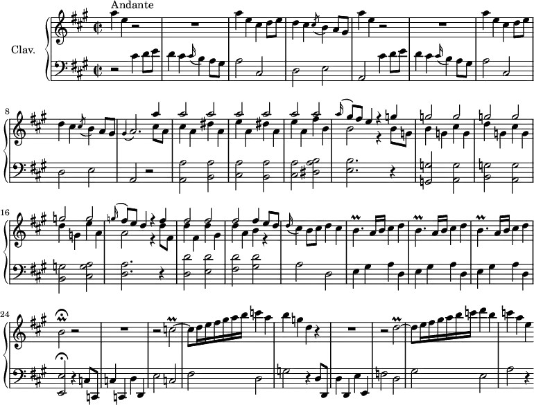 
\version "2.18.2"
\header {
  tagline = ##f
  % composer = "Domenico Scarlatti"
  % opus = "K. 404"
  % meter = "Andante"
}
%% les petites notes
trillBp        = { \tag #'print { b4.\prall } \tag #'midi { cis32 b cis b~ b4 } }
appoAbp        = { \tag #'print { \appoggiatura gis4 a2. } \tag #'midi { gis4 a2 } }
trillBb        = { \tag #'print { b2\prall\fermata } \tag #'midi { cis32 b cis b~ b8~   \tempo 2 = 50 b4   \tempo 2 = 72 } }
trillCb        = { \tag #'print { c2\prall~ } \tag #'midi { d32 c d c~ c8~ c4~ } }
trillDb        = { \tag #'print { d2\prall~ } \tag #'midi { e32 d e d~ d8~ d4~ } }
upper = \relative c'' {
  \clef treble 
  \key a \major
  \time 2/2
  \tempo 2 = 72
  \set Staff.midiInstrument = #"harpsichord"
  \override TupletBracket.bracket-visibility = ##f
      s8*0^\markup{Andante}
      a'4 e r2 | R1 | a4 e cis d8 e | d4 cis \acciaccatura cis8 b4 a8 gis | 
      % ms. 5
      a'4 e r2 | R1 | a4 e cis d8 e | d4 cis \acciaccatura cis8 b4 a8 gis | \appoAbp << { a'4 } \\ { cis,8 a } >>
      % ms. 10
      << { \repeat unfold 6 { a'2 } | \appoggiatura a16 gis8 fis e4 r4 g4 } \\ { cis,4 a dis a | e' a, dis a | e' a, fis' b, | b2 r4 b8 g } >>
      % ms. 14
      << { \repeat unfold 6 { g'2 } | \appoggiatura g16 fis8 e d4 r4 fis4 } \\ { b,4 g cis g | d' g, cis g | d' g, e' a, | a2 r4 d8 fis, } >>
      % ms. 18
      << { \repeat unfold 3 { fis'2 } fis4 e8 d } \\ { d4 fis, d' gis, | d' a b r4 }>>
      % ms. 20
      \appoggiatura d16 cis4 b8 cis d4 cis | \repeat unfold 3 { \trillBp a16 b cis4 d } | \trillBb r2 
      % ms. 25
      R1 | r2 \trillCb | c8 d16 e fis gis a b c4 a | b g d r4 | R1 |
      % ms. 30
      r2 \trillDb | d8 e16 fis gis a b c d4 b | c a e 
}
lower = \relative c' {
  \clef bass
  \key a \major
  \time 2/2
  \set Staff.midiInstrument = #"harpsichord"
  \override TupletBracket.bracket-visibility = ##f
    % ************************************** \appoggiatura a16  \repeat unfold 2 {  } \times 2/3 { }   \omit TupletNumber 
      r2 \repeat unfold 2 { cis4 d8 e | d4 cis \appoggiatura cis16 b4 a8 gis | a2 cis, | d e |
      % ms. 5
      a,2 } r2 
      % ms. 10
      < a a' >2 < b a' > | < cis a' > < b a' > | < cis a' > < dis a' b > | < e b' >2. r4 | < g, g' >2 < a g' > |
      % ms. 15
      < b g' >2 < a g' > | < b g' > < cis g' a > | < d a' >2. r4 | < d d' >2 < e d' > | < fis d' > < gis d' > |
      % ms. 20
      a2 d, | \repeat unfold 3 { e4 gis a d, } | < e, e' >2\fermata r4 c'8 c, |
      % ms. 25
      c'4 c, d' d, | e'2 c | fis d | g r4 d8 d, | d'4 d, e' e, |
      % ms. 30
      f'2 d | gis e | a r4 
}
thePianoStaff = \new PianoStaff <<
    \set PianoStaff.instrumentName = #"Clav."
    \new Staff = "upper" \upper
    \new Staff = "lower" \lower
  >>
\score {
  \keepWithTag #'print \thePianoStaff
  \layout {
      #(layout-set-staff-size 17)
    \context {
      \Score
     \override SpacingSpanner.common-shortest-duration = #(ly:make-moment 1/2)
      \remove "Metronome_mark_engraver"
    }
  }
}
\score {
  \keepWithTag #'midi \thePianoStaff
  \midi { }
}
