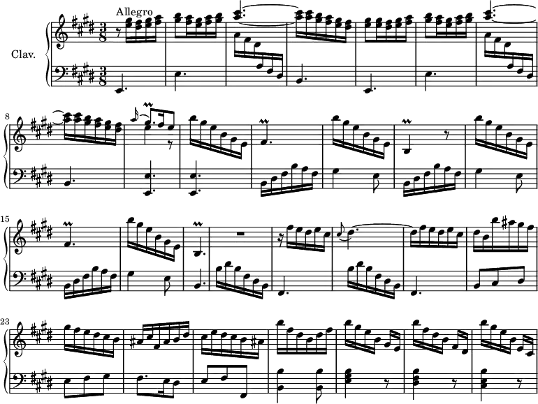 
\version "2.18.2"
\header {
  tagline = ##f
}
%% les petites notes
trillGqpAppoUp   = { \tag #'print { \appoggiatura a'16 \stemUp gis8.\prall } \tag #'midi { a32 gis a gis~ gis16 } }
trillFisp        = { \tag #'print { fis4.\prall } \tag #'midi { a32 fis a fis~ fis4 } }
trillB           = { \tag #'print { b4\prall } \tag #'midi { cis32 b cis b~ b8 } }
trillBp          = { \tag #'print { b4.\prall } \tag #'midi { cis32 b cis b~ b4 } }
upper = \relative c'' {
  \clef treble 
  \key e \major
  \time 3/8
  \tempo 2 = 52
  \set Staff.midiInstrument = #"harpsichord"
  \override TupletBracket.bracket-visibility = ##f
      s8*0^\markup{Allegro}
      r8 < e gis >16 < dis fis > < e gis > < fis a > | < gis b >8 < fis a >16 < e gis > < fis a > < gis b > | \stemUp < a cis >4.~  | \stemNeutral  q16 q < gis b > < fis a > < e gis > < dis fis > | < e gis >8 q16 < dis fis > < e gis > < fis a >
      % ms. 6
      < gis b >8 < fis a >16 < e gis > < fis a > < gis b > | \stemUp < a cis >4.~  | \stemNeutral q16 q < gis b > < fis a > < e gis > < dis fis > | << { \trillGqpAppoUp fis16 e8 } \\ { e4 r8 } >> | b'16 gis e b gis e |
      % ms. 11
      \trillFisp | b'16 gis e b gis e | \trillB r8 | b''16 gis e b gis e |  \trillFisp |
      % ms. 16
      b'16 gis e b gis e | \trillBp | R4. | r16 fis''16 e dis e cis \appoggiatura cis8 dis4.~ | dis16 fis e dis e cis |
      % ms. 22
      dis16 b b' ais gis fis | gis fis e dis cis b | ais cis fis, ais b dis | cis e dis cis b ais | b' fis dis b dis fis |
      % ms. 27
      b16 gis e b gis[ e] | b'' fis dis b fis[ dis] | b'' gis e b e,[ cis] | 
}
lower = \relative c' {
  \clef bass
  \key e \major
  \time 3/8
  \set Staff.midiInstrument = #"harpsichord"
  \override TupletBracket.bracket-visibility = ##f
    % **************************************
      e,,4. e' | \stemDown \change Staff = "upper" a'16 fis dis \stemUp \change Staff = "lower" a fis dis | \stemNeutral b4. e, |
      % ms. 6
      e' | \stemDown \change Staff = "upper" a'16 fis dis \stemUp \change Staff = "lower" a fis dis | \stemNeutral b4. | < e, e' >4. q
      % ms. 11
      \repeat unfold 3 { b'16 dis fis b a fis gis4 e8 }
      % ms. 17
      b4. | \repeat unfold 2 { b'16 dis b fis dis b | fis4. }
      % ms. 22
      b8 cis dis | e fis gis  | fis8. e16 dis8 | e8 fis fis, < b b' >4 q8 |
      % ms. 27
      < e gis b >4 r8 | < dis fis b >4 r8 | < cis e b' >4 r8
}
thePianoStaff = \new PianoStaff <<
    \set PianoStaff.instrumentName = #"Clav."
    \new Staff = "upper" \upper
    \new Staff = "lower" \lower
  >>
\score {
  \keepWithTag #'print \thePianoStaff
  \layout {
      #(layout-set-staff-size 17)
    \context {
      \Score
     \override SpacingSpanner.common-shortest-duration = #(ly:make-moment 1/2)
      \remove "Metronome_mark_engraver"
    }
  }
}
\score {
  \keepWithTag #'midi \thePianoStaff
  \midi { }
}
