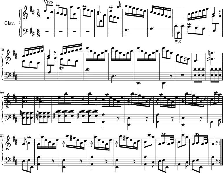 
\version "2.18.2"
\header {
  tagline = ##f
}
%% les petites notes
trillBq = { \tag #'print { b8\prall } \tag #'midi { cis32 b cis b } }
trillFisq = { \tag #'print { fis8\prall } \tag #'midi { g32 fis g fis } }
trillB = { \tag #'print { b4\prall } \tag #'midi { cis32 b cis b~ b8 } }
trillBqp = { \tag #'print { b8.\prall } \tag #'midi { cis32 b cis b~ b16 } }
trillCisq = { \tag #'print { cis8\prall } \tag #'midi { d32 cis d cis } }
trillGq = { \tag #'print { g8_\trill } \tag #'midi { a32 g a g } }
upper = \relative c'' {
  \clef treble 
  \key d \major
  \time 3/8
  \tempo 4. = 78
  \set Staff.midiInstrument = #"harpsichord"
  \override TupletBracket.bracket-visibility = ##f
  \repeat volta 2 {
      s8*0^\markup{Vivo}
      d8 d, cis' | \trillBq a8 g | a' a, g' | \trillFisq e d | \stemUp cis4. | d4 a'8 | \stemNeutral b16 a g fis e d |
      % ms. 8
      cis16 b a g fis e | s4. | a16 b cis d e fis | a,4 c8\rest | \stemUp cis16 d e fis g a | cis,4 r8 |
      % ms. 14
      \stemUp e16 fis g a b cis | \repeat unfold 3 { \stemNeutral d a fis d fis a } | d8 a fis | d b gis | e4. |
      % ms. 21
      < gis f' >4. | < a e' > < a dis > | e'8 b' e, | d b' d, | cis16 a' e cis a e' | r16 b'16 gis e b d |
      % ms. 28 
      r16 a'16 e cis a e' | r16 b'16 gis e b d | cis8 cis' a | a, \trillB | a16 a' e cis a e' | r16 b'16 gis e b d |
      % ms. 34
      r16 a'16 e cis a e' | r16 b'16 gis e b d | \repeat unfold 2 { cis8 cis' a | a, \trillBqp a32 b } | a4 r8 }%reprise
}
lower = \relative c' {
  \clef bass
  \key d \major
  \time 3/8
  \set Staff.midiInstrument = #"harpsichord"
  \override TupletBracket.bracket-visibility = ##f
  \repeat volta 2 {
    % **************************************
      R4.*4 | \stemDown \change Staff = "upper" a'8  a, g' \trillFisq e d | \change Staff = "lower" g,4. |
      % ms. 8
      a4. | d8-\markup{mg} d, d' | \trillCisq b8 a | \stemDown \change Staff = "upper" fis'8 \stemUp \change Staff = "lower" fis, \stemDown \change Staff = "upper" fis' e d cis | a' \stemUp \change Staff = "lower" a, \stemDown \change Staff = "upper" a' |
      % ms. 14
      \trillGq fis8 e | \change Staff = "lower" d4. | d, d, d4 r8 | R4. | < e' d' >8 q q | 
      % ms. 21
      q q q | < e c' > q q | < f c' > q q | < gis d' e >8 q q | q q q | \repeat unfold 2 { < a, a' >4 r8 | < e e' >4 r8 } |
      % ms. 30
      a4 cis8 | d8 e e, | \repeat unfold 2 { < a a' >4 r8 | < e e' >4 r8 } | < a a' >4 cis8 | d8 e e, | a4 cis8 | d8 e e, | < a a' >4 r8 }%reprise
}
thePianoStaff = \new PianoStaff <<
    \set PianoStaff.instrumentName = #"Clav."
    \new Staff = "upper" \upper
    \new Staff = "lower" \lower
  >>
\score {
  \keepWithTag #'print \thePianoStaff
  \layout {
      #(layout-set-staff-size 17)
    \context {
      \Score
     \override SpacingSpanner.common-shortest-duration = #(ly:make-moment 1/2)
      \remove "Metronome_mark_engraver"
    }
  }
}
\score {
  \unfoldRepeats
  \keepWithTag #'midi \thePianoStaff
  \midi { }
}
