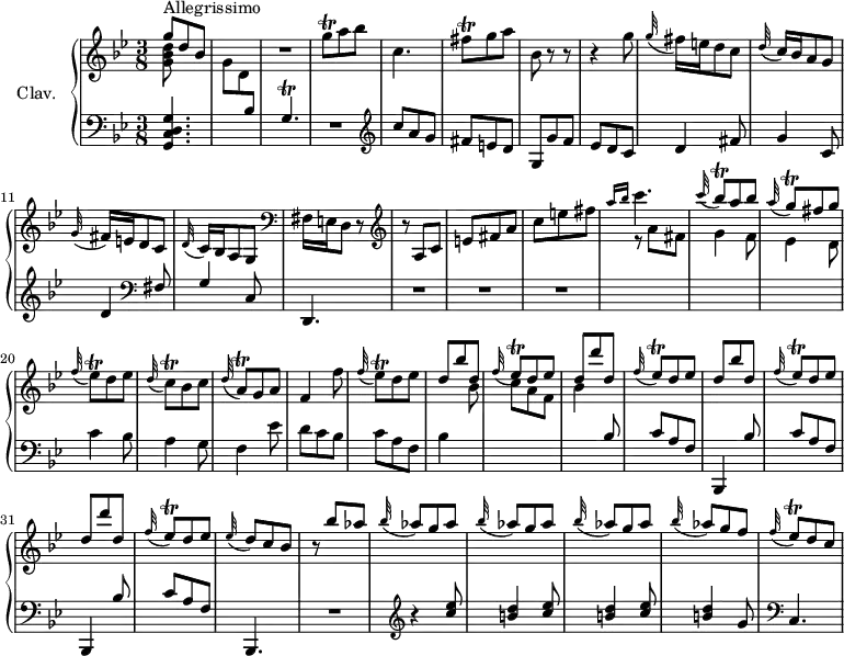 
\version "2.18.2"
\header {
  tagline = ##f
  % composer = "Domenico Scarlatti"
  % opus = "K. 121"
  % meter = "Allegrissimo"
}
%% les petites notes
%trillFisq      = { \tag #'print { fis8\trill } \tag #'midi { g32 fis g fis } } 
trillFisq      = { \tag #'print { fis8\trill } \tag #'midi { \times 2/3 { fis16 g fis } } }
trillGqUp      = { \tag #'print { g'8\trill } \tag #'midi { \times 2/3 { g16 a g } } }
trillGq        = { \tag #'print { g8\trill } \tag #'midi { \times 2/3 { g16 a g } } }
trillGp        = { \tag #'print { g4.\trill } \tag #'midi { a32 g a g~   \tempo 4. = 50 g4   \tempo 4. = 102 } }
trillBesq      = { \tag #'print { bes8\trill } \tag #'midi { \times 2/3 { bes16 c bes } } }
trillEesq      = { \tag #'print { ees8\trill } \tag #'midi { \times 2/3 { ees16 f ees } } }
trillCq        = { \tag #'print { c8\trill } \tag #'midi { \times 2/3 { c16 d c } } }
trillAq        = { \tag #'print { a8\trill } \tag #'midi { \times 2/3 { a16 bes a } } }
upper = \relative c'' {
  \clef treble 
  \key g \minor
  \time 3/8
  \tempo 4. = 102
  \set Staff.midiInstrument = #"harpsichord"
  \override TupletBracket.bracket-visibility = ##f
      s8*0^\markup{Allegrissimo}
      << { g'8 d bes } \\ { < g bes d >8 } >> | s4. | R4. | \trillGqUp a8 bes | c,4. | \trillFisq g8 a | bes,8 r8 r8 |
      % ms. 8
      r4 g'8 | \appoggiatura g32 fis16 e  d8 c | \appoggiatura d32 c16 bes a8 g | \appoggiatura g32 fis16 e  d8 c | \appoggiatura d32 c16 bes a8 g |   \clef bass fis16   \tempo 4. = 70 e   \tempo 4. = 40 d8 r8 |   \tempo 4. = 102  \clef treble  r8 a'8 c |
      % ms. 15
      e8 fis a | c e fis | \grace {   \tempo 4. = 25 a16 bes }   \tempo 4. = 102 c4. | \appoggiatura c32 \stemUp \trillBesq  a8 bes | \appoggiatura a32 \stemUp \trillGq fis8 g | \stemNeutral \appoggiatura f32 \trillEesq d8 ees | \appoggiatura d32 \trillCq bes8 c |
      % ms. 22
      \appoggiatura d32 \trillAq g8 a | f4 f'8 | \repeat unfold 2 { \appoggiatura f32 \trillEesq d8 ees | \stemUp d bes' d, | \appoggiatura f32 \trillEesq d8 ees | 
      % ms. 29
      d8 d' d, } | \appoggiatura f32 \trillEesq d8 ees | \appoggiatura ees32 d8   \tempo 4. = 70 c   \tempo 4. = 40 bes |   \tempo 4. = 102 r8 bes'8 aes | \repeat unfold 3 { \appoggiatura bes32 aes8  g aes } \appoggiatura bes32 aes8 g f \appoggiatura f32 \trillEesq d8 c |
      % ms. 36
}
lower = \relative c' {
  \clef bass
  \key g \minor
  \time 3/8
  \set Staff.midiInstrument = #"harpsichord"
  \override TupletBracket.bracket-visibility = ##f
    % **************************************
      < g, c d g >4. | \stemDown \change Staff = "upper" g''8 d \stemUp \change Staff = "lower" bes8 | \trillGp | R4. |   \clef treble  c'8 a g | fis e d | g, g' f |
      % ms. 8
      ees8 d c | d4 fis8 | g4 c,8 | d4   \clef bass fis,8 | g4 c,8 | d,4. | R4.*3 | \stemDown \change Staff = "upper"
      % ms. 17
      r8 a'''8 fis | g4 f8 | ees4 d8 \stemNeutral \change Staff = "lower" | c4 bes8 | a4 g8 | 
      % ms. 22
      f4 ees'8 | d c bes | c a  f | bes4 \stemDown \change Staff = "upper" bes'8 | c a f | bes4 \stemNeutral \change Staff = "lower"  bes,8 | \repeat unfold 2 { c a f |
      % ms. 29
      bes,,4  bes''8 } c8 a f | bes,,4. | R4. |   \clef treble  r4 \repeat unfold 3 { < c''' ees >8 | < b d >4 } g8 |
      % ms. 39
      \clef bass c,,4. |
}
thePianoStaff = \new PianoStaff <<
    \set PianoStaff.instrumentName = #"Clav."
    \new Staff = "upper" \upper
    \new Staff = "lower" \lower
  >>
\score {
  \keepWithTag #'print \thePianoStaff
  \layout {
      #(layout-set-staff-size 17)
    \context {
      \Score
     \override SpacingSpanner.common-shortest-duration = #(ly:make-moment 1/2)
      \remove "Metronome_mark_engraver"
    }
  }
}
\score {
  \keepWithTag #'midi \thePianoStaff
  \midi { }
}
