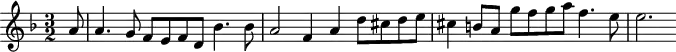 
\version "2.18.2"
\header {
  tagline = ##f
}
\score {
  \new Staff \with {
  }
<<
  \relative c'' {
    \key f \major
    \time 3/2
    \override TupletBracket #'bracket-visibility = ##f 
     %%%%%%%%%% Suite 4, courante
     \partial 8
     a8 | a4. g8 f e f d bes'4. bes8 | a2 f4 a d8 cis d e cis4 b8 a g'f g a f4. e8 e2.
  }
>>
  \layout {
     \context { \Score \remove "Metronome_mark_engraver" }
  }
  \midi { \tempo 4 = 135 }
}
