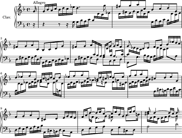 
\version "2.18.2"
\header {
  tagline = ##f
}
upper = \relative c'' {
  \clef treble 
  \key f \major
  \time 4/4
  \tempo 4 = 92
  \set Staff.midiInstrument = #"harpsichord"
    \partial 16
    s8*0^\markup{Allegro}
    g16 | g bes a c bes d c ees d4. g8 | \stemUp fis8 g a c, bes c d g, | fis g a c, bes c d g |
    % ms. 4
    << { fis8 g a16 \stemUp \change Staff = "lower" c,16 bes a bes \change Staff = "upper" d g8~ g16 a fis8 | g8 } \\ { s2 s8 g16 \stemUp \change Staff = "lower" bes, a8. c16~ | c \stemDown \change Staff = "upper" ees16 d c } >> \stemNeutral d8 ees f a \stemUp bes16 ees d c | d8 ees f bes, a16 c b d c8 d |
    % ms. 7
    ees8 f g c,  b16 d cis e d8 e | f g a d, cis d e g, | f g a d, cis d  e16 g f e |
    % ms. 10
    << { \mergeDifferentlyDottedOn f16 a d8~ d16 e c8~ c16 e bes g a16 e' f8 | e d4~ d16 cis d } \\ { s8 d16 f, e8. g16 fis8 s8 a8. b16 | cis e, f d e f g8~ g16  } >> % f fis16 e fis g a fis | g8 e f cis d8 a4 g8
    % ms. 13
}
lower = \relative c' {
  \clef bass
  \key f \major
  \time 4/4
  \set Staff.midiInstrument = #"harpsichord"
    % *****************************
    r16 | r4 r8 r16 g16 | g bes a c bes \stemDown \change Staff = "upper"  d c ees | d fis e g fis a d, fis \change Staff = "lower" g,16 bes a c bes \stemDown \change Staff = "upper" d c e | \change Staff = "lower" d,16 fis e g fis a d, fis g,16 bes a c bes d c ees | 
    % ms. 4 
    d16 fis e g fis8 d g bes, c d  | g, g'8. bes16 a g  a \change Staff = "upper" ees' d c d8 \change Staff = "lower" a | bes16 \change Staff = "upper"  d c ees d f ees g f8 d ees16 g \change Staff = "lower" b, \change Staff = "upper" d |
    % ms. 7
    c16 e d f ees g f aes g8 e f16 a cis, e | d16 f e g f a g bes \change Staff = "lower" a,16 cis b d cis e a, cis | d,16 f e g f a g bes a, cis b d cis8 a |
    % ms. 10 
    d8 f g a d, g cis, d | a'2 d2*1/4
} 
thePianoStaff = \new PianoStaff <<
    \set PianoStaff.instrumentName = #"Clav."
    \new Staff = "upper" \upper
    \new Staff = "lower" \lower
  >>
\score {
  \keepWithTag #'print \thePianoStaff
  \layout {
      #(layout-set-staff-size 17)
    \context {
      \Score
     \override SpacingSpanner.common-shortest-duration = #(ly:make-moment 1/2)
      \remove "Metronome_mark_engraver"
    }
  }
}
\score {
  \keepWithTag #'midi \thePianoStaff
  \midi { }
}
