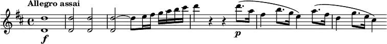 
\relative c'' {
  \version "2.18.2"
  \tempo "Allegro assai"
  \key d \major
  \time 4/4 
  \tempo 4 = 140
  <d d,>1\f |
  q2 q |
  <d~ d,>2 d8 e16 fis g a b cis |
  d4 r r d8.(\p a16 |
  fis4 b8. g16 e4) a8.( fis16 |
  d4 g8. e16 cis4)
}
