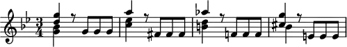 
\header {
  tagline = ##f
}
\score {
  \new Staff \with {
  }
<<
  \relative c'' {
    \key bes \major
    \time 3/4
    \override TupletBracket #'bracket-visibility = ##f 
    %\autoBeamOff
     %%%%%%% K15p
     << { <g' d>4 r8 g,8 g g } \\ { <bes g>4 } >>
     << { a'4 r8 fis,8 fis fis } \\ { < ees' c >4 } >>
     << { aes4 r8 f,!8 f f } \\ { < d' b! >4 } >>
     << { < g cis, >4 r8 e,!8 e e } \\ { bes'4 } >>
  }
>>
  \layout {
    \context {
      \remove "Metronome_mark_engraver"
    }
  }
  \midi {}
}
