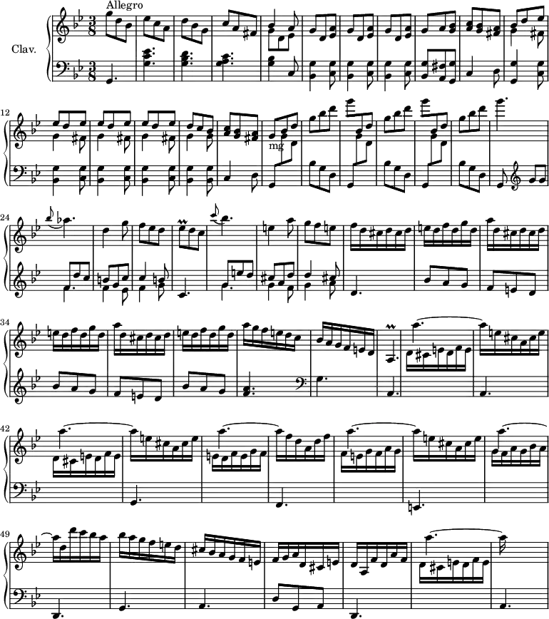 
\version "2.18.2"
\header {
  tagline = ##f
  % composer = "Domenico Scarlatti"
  % opus = "K. 476"
  % meter = "Allegro"
}
%% les petites notes
trillAp       = { \tag #'print { a4.\prall } \tag #'midi { bes32 a bes a bes a bes a~   \tempo 4. = 30 a8   \tempo 4. = 74 } }
trillEesq     = { \tag #'print { ees8\prall } \tag #'midi { d32 ees d ees } }
upper = \relative c'' {
  \clef treble 
  \key g \minor
  \time 3/8
  \tempo 4. = 74
  \set Staff.midiInstrument = #"harpsichord"
  \override TupletBracket.bracket-visibility = ##f
      s8*0^\markup{Allegro}
      g'8 d bes | ees c a | d bes g | c a fis | << { bes4 a8 } \\ { g8 d ees } >> | \repeat unfold 3 { g8 d < ees a > }
      % ms. 9
      g8 a < g bes > | < a c > < g bes > < fis a > | << { bes8 d ees | \repeat unfold 3 { ees8 d ees } | d8 c bes } \\ { \repeat unfold 4 { g4 fis8 } | g4 g8 } >>  \stemUp
      % ms. 16
      < a c >8 < g bes > < fis a > | g_\markup{mg} \repeat unfold 2 { bes8 d | \stemNeutral g bes d | \stemDown g  \stemUp } bes,, d | \stemNeutral g bes d | g4. |
      % ms. 24
      \appoggiatura bes,8 aes4. | d,4 g8 | f ees d | \trillEesq d8 c | \appoggiatura c'8 bes4. | e,4 a8 | g f e |
      % ms. 31
      f16 \repeat unfold 3 { d16 cis d cis d | e d f d g d a' } g16 f e d c
      % ms. 38
      bes16 a g f e d | \trillAp | \repeat unfold 2 { a''4.~ | a16 e cis a cis e } a4.~
      % ms. 45
      a16 f d a d f | a4.~ | a16 e cis a cis e  | a4.~ | a16 d, d' c bes a | bes a g f e d | 
      % ms. 51
      cis16 bes a g f e | f g a d, cis e | d a f' d a' f | a'4.~ | a16
}
lower = \relative c' {
  \clef bass
  \key g \minor
  \time 3/8
  \set Staff.midiInstrument = #"harpsichord"
  \override TupletBracket.bracket-visibility = ##f
    % ************************************** \appoggiatura a16  \repeat unfold 2 {  } \times 2/3 { }   \omit TupletNumber 
      g,4. | < g' c ees >4. | < g bes d > | < g a c > | < g bes >4 c,8 | \repeat unfold 3 { < bes g' >4 < c g' >8 } |
      % ms. 9
      < bes g' >8 < a fis' > < g g' > | c4 d8 | < g, g' >4 < c g' >8 | \repeat unfold 3 { < bes g' >4 < c g' >8 } | < bes g' >4 q8 |
      % ms. 16
      c4 d8 | \repeat unfold 3 {  \stemUp g, \stemDown \change Staff = "upper" g'' d | \stemNeutral \change Staff = "lower" bes g d } | 
      % ms. 23
      g,8   \clef treble  g''8[ g] | << { f8 d' c | b g c | c4 b8 } \\ { \mergeDifferentlyDottedOn f4. | f4 ees8 | f4 g8 } >> c,4. | << { g'8 e' d | cis a d | d4 cis8 } \\ { g4. | g4 f8 | g4 a8 } >> d,4.
      % ms. 32
      \repeat unfold 2 { bes'8 a g | f e d } | bes' a g | < f a >4. |   \clef bass 
      % ms. 38
      g,4. | \repeat unfold 2 { a, | \stemDown \change Staff = "upper" d'16 cis e d f e \stemNeutral \change Staff = "lower"  } | g,,4. | \stemDown \change Staff = "upper" e''16 d f e g f | \stemNeutral \change Staff = "lower"
      % ms. 45
      f,,4. | \stemDown \change Staff = "upper" f''16 e g f a g | \stemNeutral \change Staff = "lower" e,,4. | \stemDown \change Staff = "upper" g''16 f a g bes a | \stemNeutral \change Staff = "lower" d,,,4. | g | 
      % ms. 51
      a4. | d8 g, a | d,4. | \stemDown \change Staff = "upper"  d''16 cis e d f e | \stemNeutral \change Staff = "lower" a,,4. |
}
thePianoStaff = \new PianoStaff <<
    \set PianoStaff.instrumentName = #"Clav."
    \new Staff = "upper" \upper
    \new Staff = "lower" \lower
  >>
\score {
  \keepWithTag #'print \thePianoStaff
  \layout {
      #(layout-set-staff-size 17)
    \context {
      \Score
     \override SpacingSpanner.common-shortest-duration = #(ly:make-moment 1/2)
      \remove "Metronome_mark_engraver"
    }
  }
}
\score {
  \keepWithTag #'midi \thePianoStaff
  \midi { }
}
