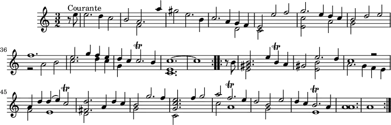 
\version "2.18.2"
\header {
  tagline = ##f
}
\score {
  \new Staff \with {
  }
  \relative c'' {
    \key c \major
    \time 3/2
    \tempo 2 = 86
    \autoBeamOff
    \clef treble
    \override Rest #'style = #'classical
    \set Score.currentBarNumber = #29
    \set Staff.midiInstrument = #"violin"
  \repeat volta 2 {
  \partial 4
  r8^"Courante" e8 | e2. d4 c2 |
  << { b2 a2. a'4 } \\ { s2 f,2 } >>
  gis'2 e2. b4
  << { c2. a4 g f } \\ { s1 d2 } >>
  << { e2 e' f } \\ { c,2 } >>
  << { g''2. e4 d c } \\ { << e,2 c' >> s2 a2 } >>
  << { b2 d e } \\ { g,2 } >>
  << { f'1. } \\ { r2 a,2 b } >>
  << { e2. g4 f e } \\ { c2. s4 d c } >>
  << { d4 c c2.\trill b4 } \\ { g4 } >>
  << { c1.~ c1 } \\ { << c,1. e >> } >>
  }
  \set Score.currentBarNumber = #41
  \repeat volta 2 {
  \partial 4 r8 b'8
  << { << gis2. b >> e4 b\trill a } \\ { e2 } >>
  << { gis2 e'2. d4 } \\ { s2 << e,2 b' >> } >>
  << { c1 r2 } \\ { a2. g4 f e } >>
  << { a4 d d( e) c2\trill } \\ { f,2 e1 } >> 
  << { << fis2. d' >> a4 d c } \\ { d,2 } >>
  << { b'2 g'2. f4 } \\ { g,2 } >>
  << { << g2. c e >> f4 g2 } \\ { c,,2 } >>
  << { a''2 f2.\trill e4 } \\ { c2 a1 } >>
  << { d2 b e } \\ { s2 g,2 } >>
  << { d'4 c b2.\trill a4 } \\ { s2 e1 } >>
  << a1. a1. >>
  a1
  }
  }
  \layout {
    \context {
      \Score
      \remove "Metronome_mark_engraver"
    }
  }
  \midi {}
}
