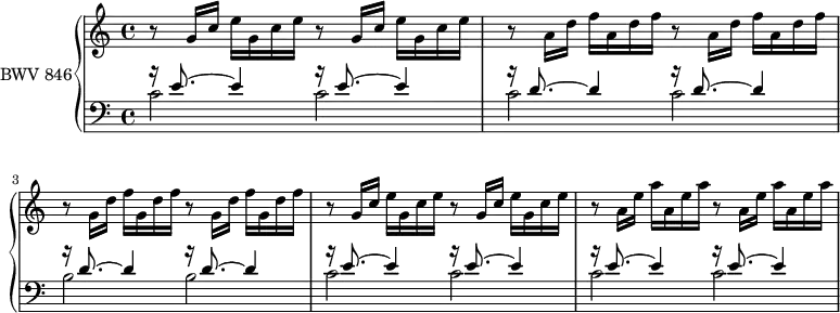 
\version "2.18.2"
\header {
  tagline = ##f
}
upper = \relative c'' {
    \clef treble 
    \key c \major
    \time 4/4
    \tempo 4 = 72 % tempo de Keller
    \set Staff.midiInstrument = #"harpsichord" 
   %% PRÉLUDE CBT I-1, BWV 846, ut majeur
   \repeat unfold 2 { b8\rest \repeat unfold 2 { g16 c e } }
   \repeat unfold 2 { b8\rest \repeat unfold 2 { a16 d f } }
   \repeat unfold 2 { b,8\rest \repeat unfold 2 { g16 d' f } }
   \repeat unfold 2 { b,8\rest \repeat unfold 2 { g16 c e } }
   \repeat unfold 2 { b8\rest \repeat unfold 2 { a16 e' a } }
}
lower = \relative c' {
    \clef bass 
    \key c \major
    \time 4/4
    \set Staff.midiInstrument = #"harpsichord" 
    << { \repeat unfold 2 { b'16\rest e,8.~ e4 } \repeat unfold 4 { b'16\rest d,8.~ d4 } \repeat unfold 4 { b'16\rest e,8.~ e4 } } \\ { \repeat unfold 4 { c2 } \repeat unfold 2 { b2 } \repeat unfold 4 { c2 } } >>
} 
\score {
  \new PianoStaff <<
    \set PianoStaff.instrumentName = #"BWV 846"
    \new Staff = "upper" \upper
    \new Staff = "lower" \lower
  >>
  \layout {
    \context {
      \Score
      \remove "Metronome_mark_engraver"
      \override SpacingSpanner.common-shortest-duration = #(ly:make-moment 1/3)
    }
  }
  \midi { }
}
