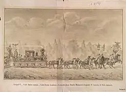 Cérémonie d'inauguration du chemin de fer Lemberg-Czernowitz-Jassy en 1866, gravure roumaine de 1881