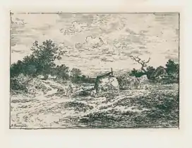 Landschaft mit Hütte und Fuhrwerk (eau-forte, 1864).