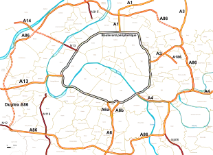 carte des deux principales ceintures de Paris : le Périphérique et A86