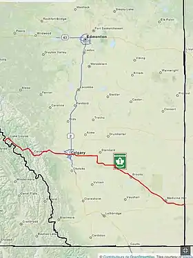 Le tracé de la route 1 en Alberta, en rouge.