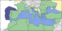 En bleu clair, la mer Noire, la Méditerranée et la zone Atlantique adjacente entre la côte sud du Portugal, la côte espagnole et la côte marocaine à l'ouest de Gilbraltar.