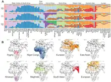 Comparaison de la génétique des populations Corne-Africaine par rapport aux autres populations africaines, européennes et asiatiques. Composant "Ethio-somali" en vert foncé et "Maghrebi" en vert clair.