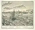 Gravure néerlandaise des alentours de 1740 montrant la ville de Makassar et le Fort Rotterdam