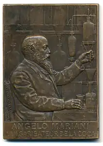 Angelo Mariani, vulgarisateur de la coca (1905), plaquette en bronze, 37 × 52 mm, avers.
