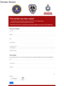 displays FBI and AFP graphics, a 'Trojan Shield' graphic and a 'This domain has been seized' notice, with a form inviting visitors 'To determine if your account is associated with an ongoing investigation, please enter any device details below'