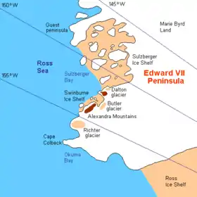 (en) Carte de la terre du roi Édouard VII indiquant le cap Colbeck au nord-ouest.