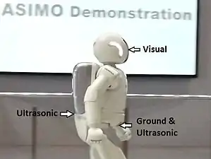 Les senseurs (flèches blanches) identifiant les composants d'ASIMO, incluant des senseurs visuels, de sol, et les sonars à ultrason.
