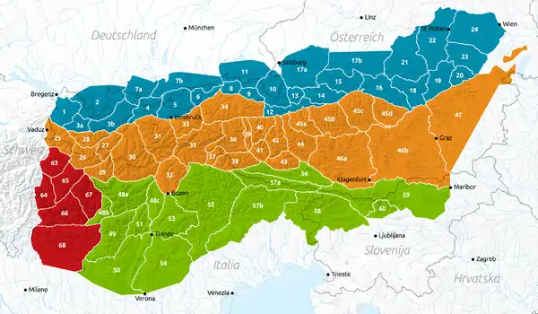 Les subdivisions des Alpes orientales selon l'AVE ; les Dolomites  correspondent au numéro 52 et les Alpes de Fiemme au numéro 53.