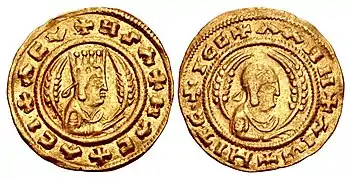 Deux pièces de monnaies axoumites dorées représentant le roi Ezana.