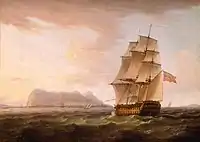 Navire britannique devant le rocher de Gibraltar, par Thomas Whitcombe