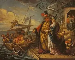 Empereur chinois avec ses concubines inspectant sa flottille de pêche, collection privée.