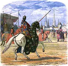 Gravure. Chevalier vu de dos sur cheval caparaçonné, lance en main, face à deux chevaliers lui coupant le passage