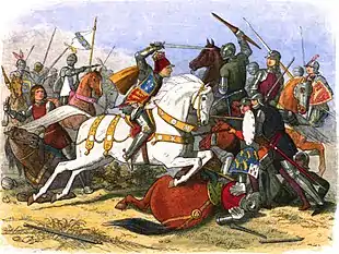 Au milieu de la bataille, Richard sur un cheval blanc affronte un opposant monté sur cheval noir.