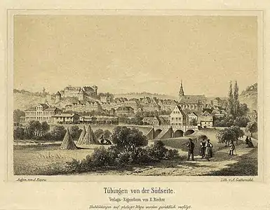 Tübingen vue du Sud, lithographie d'Adam Gatternicht d'après un dessin d'Albert Kappis (1862).