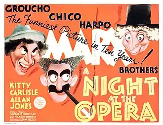 Affiche colorée avec, sur fond orangé, les visages caricaturés de Chico, Groucho et Harpo Marx