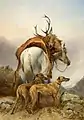 Ansdell, Richard : Cheval portant un cerf mort avec deerhounds (1873)