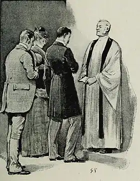 Sherlock Holmes déguisé (à gauche) assiste au mariage d'Irène Adler et de Godfrey Norton. Illustration de Sidney Paget pour Un scandale en Bohême, nouvelle publiée dans le Strand Magazine (juillet 1891).