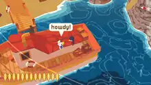 Un pélican sur un bateau dit "Howdy!" à un autre oiseau.