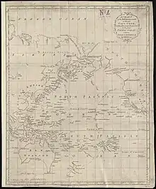 Carte des découvertes du capitaine Cook et d'autres navigateurs dans le Pacifique, faisant apparaître l' "île de Pâques ou île de Davis" (Thomas Kitchin, 1780).