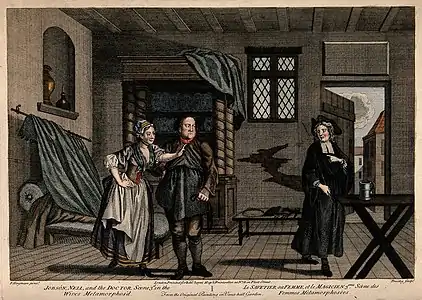 A disagreement between a woman, her husband a cobbler, and a clergyman, gravure en couleurs d'après Francis Hayman (Wellcome Collection).