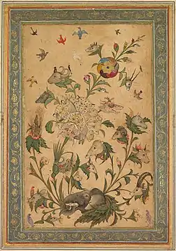 Fantasie florale d’animaux et d’oiseaux sur le thème de l'arbre waq-waq, réalisée au début des années 1600, en Inde, à l'époque de l'empire moghol. Gouache et or sur papier; page: 37.6 X 26,6 cm. Conservée au Cleveland Museum of Art. Cette peinture est issue d’un croisement d'influences médiévales perses et coraniques.