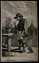 A gardener smelling a flower; representing the sense of smell, d'après David Teniers le Jeune (n. d., Wellcome Collection).