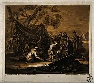 A group of female travellers washing and taking care of a new born baby whilst the mother recovers in a tent, aquatinte colorée (1702).