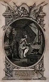 A man is sitting in front of a mirror combing his hair, d'après E. E. Burney (1797, Wellcome Collection).