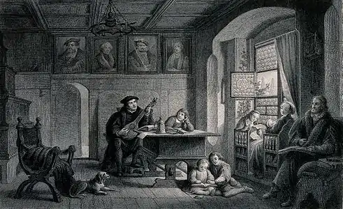 Une scène familiale paisible, lisant et jouant de la musique, gravure par Jean-Denis Nargeot d'après Labouchère, Londres, bibliothèque de la fondation Wellcome.