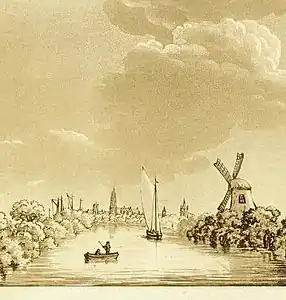 Vue de Delft depuis la direction de Rotterdam, tirée de A picturesque tour through Holland, Brabant, and part of France; made in the autumn of 1789 (1790).