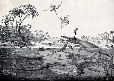 Duria Antiquior, image de la faune jurassique d'après Henry De la Beche, 1830