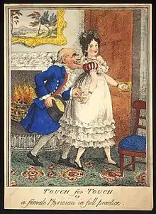 jeune femme en robe crème, la main tendue vers la bourse du vieux monsieur en bleu au regard lubrique qu'elle dirige vers la chambre contiguë